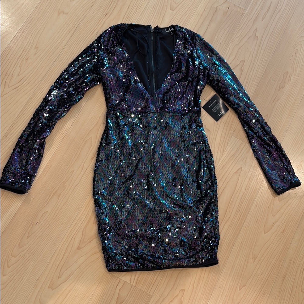 Lulu's Sequin Embellished Black and Blue Mini Dress
